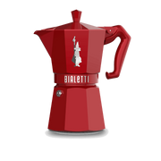 Bialetti | Red Moka Express - 6 Cups: Glossy red aluminum stovetop espresso maker with vintage-style finishes and mustachioed character, perfect for brewing authentic coffee.