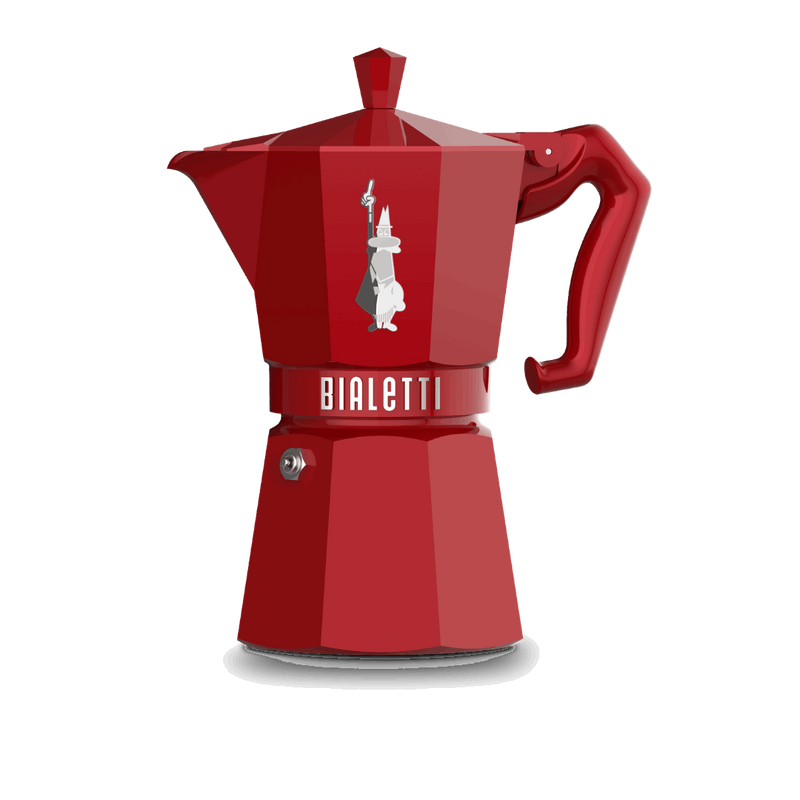 Bialetti | Red Moka Express - 6 Cups: Glossy red aluminum stovetop espresso maker with vintage-style finishes and mustachioed character, perfect for brewing authentic coffee.