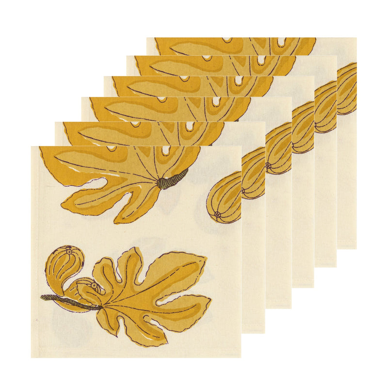 Set of six 19 x 19 Fig Citrine Napkins, featuring leaf patterns, handprinted on French linen, ideal for elevating dining experiences.