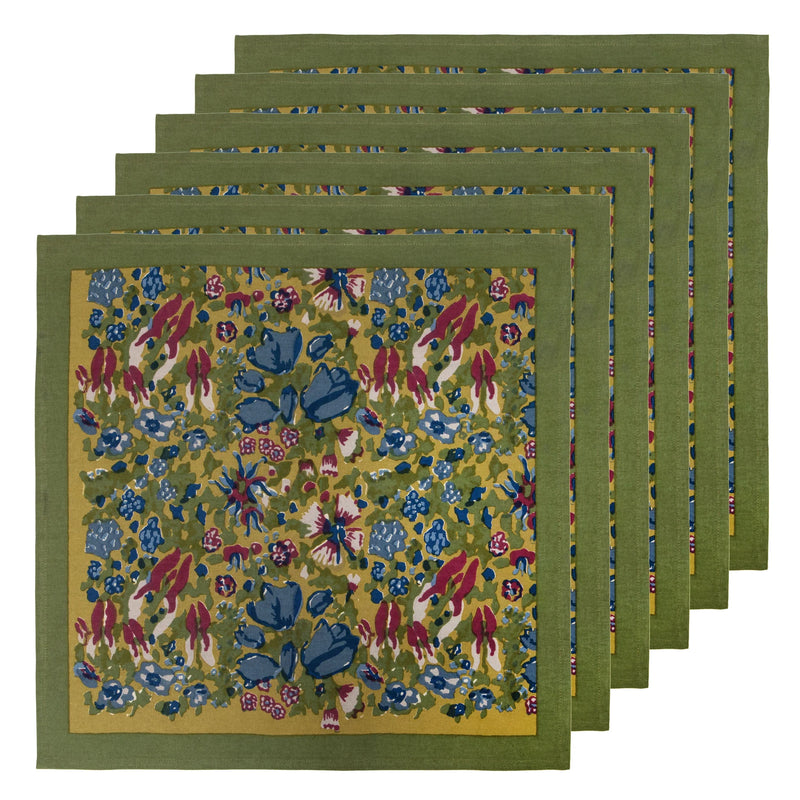 Set of six 19 x 19 Jardin Blue & Vert napkins, featuring a floral pattern, hand-printed for elegant dining, from Caravan Home.