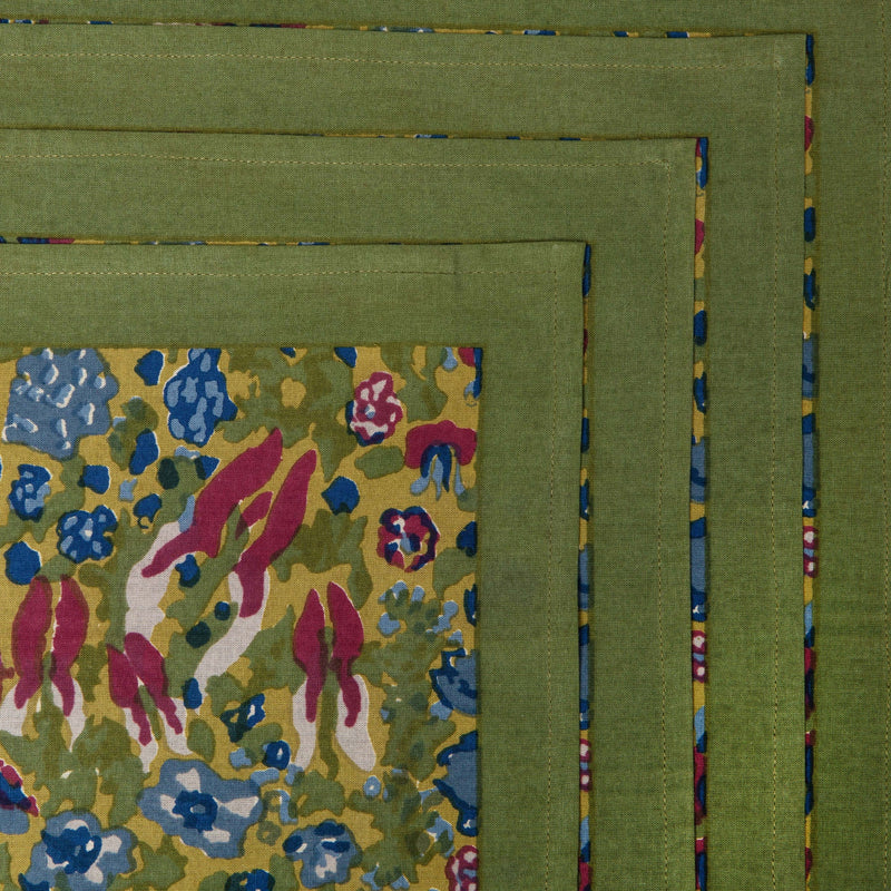 Set of 6 Jardin Blue & Vert Napkins, featuring hand-printed floral patterns, ideal for elevating dining experiences with a touch of French elegance.