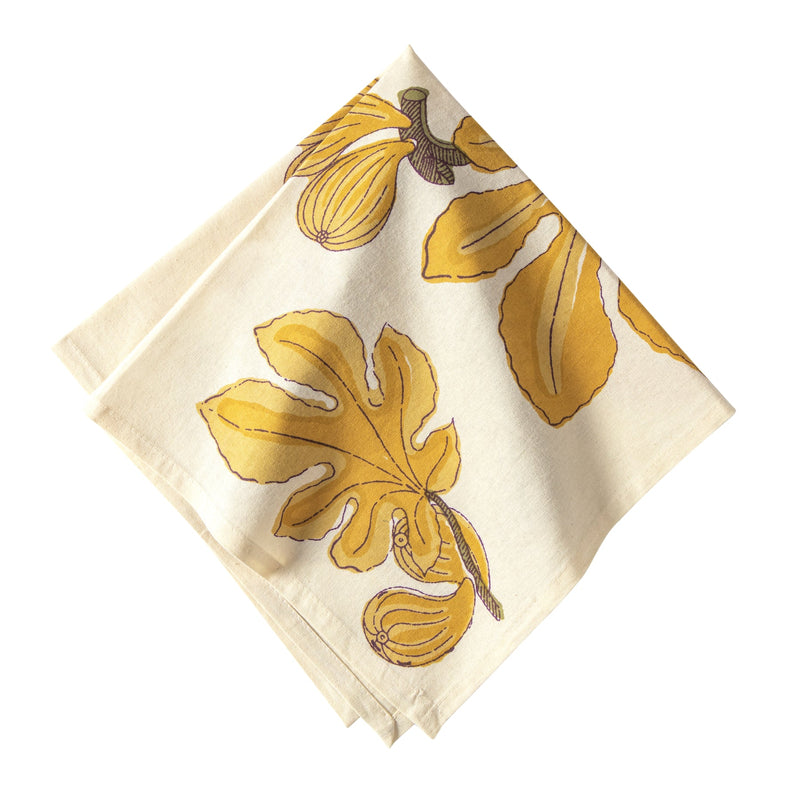 Caravan Home Fig Citrine Napkins Set of 6, featuring handprinted citrine figs and leaves on French linen, enhancing any table setting.