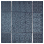 Le Jacquard Francais | Armoiries Tablecloth, Blue, 69 x 98, features a vintage-inspired, decorative 3×3 grid design with a central mandala and alternating lattice patterns.