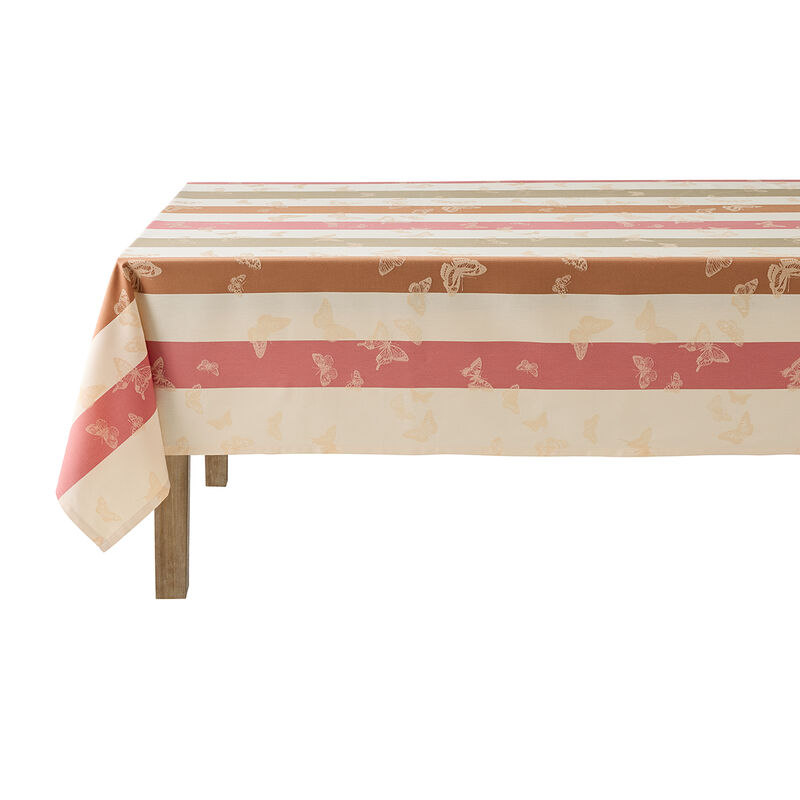 Le Jacquard Francais | Bal Des Papillons Tablecloth, Pink, 69 x 69, featuring butterfly motifs on striped fabric, elegantly drapes a wooden table.