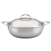 Hestan NanoBond 5qt Essential Pan with Lid; polished stainless steel, ergonomic side handles, perfect for braising and sautéing, ideal for both professional chefs and home cooks.