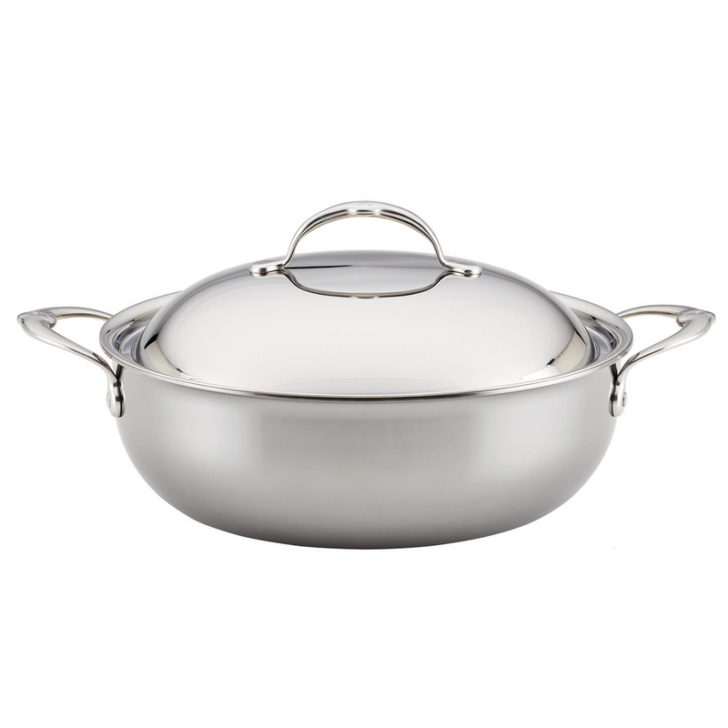 Hestan NanoBond 5qt Essential Pan with Lid; polished stainless steel, ergonomic side handles, perfect for braising and sautéing, ideal for both professional chefs and home cooks.