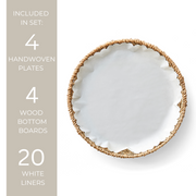 Woven Seagrass Plates set with white liners in a basket, part of the Plate & Pattern collection, ideal for kitchen presentation from Athens Cooks.