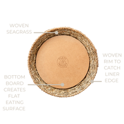 Woven Seagrass Plates set of four with liners, featuring a close-up of the basket texture and logo detail. Suitable for kitchen use at Athens Cooks.