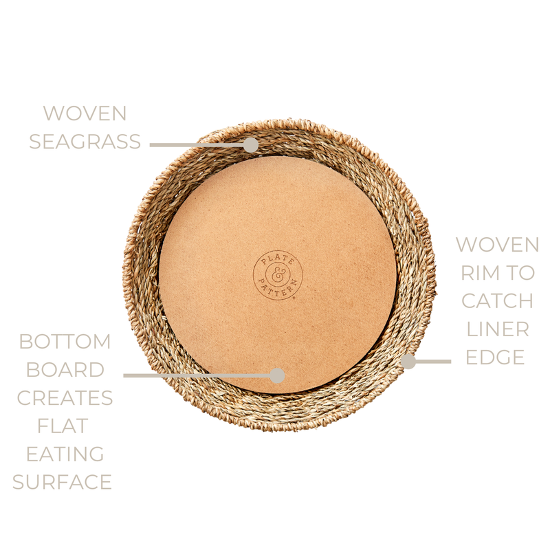 Woven Seagrass Plates set of four with liners, featuring a close-up of the basket texture and logo detail. Suitable for kitchen use at Athens Cooks.