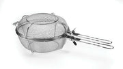The 3 in 1 Grilling Basket from Fox Run Brands features a round wire mesh design with long handles, shown on a white background. Ideal for both indoor and outdoor cooking, this basket effectively grills small food items without them falling through the grates and includes a clasp to keep it securely closed during use.