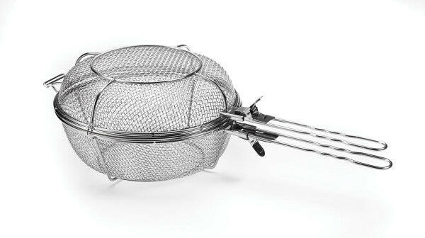 The 3 in 1 Grilling Basket from Fox Run Brands features a round wire mesh design with long handles, shown on a white background. Ideal for both indoor and outdoor cooking, this basket effectively grills small food items without them falling through the grates and includes a clasp to keep it securely closed during use.