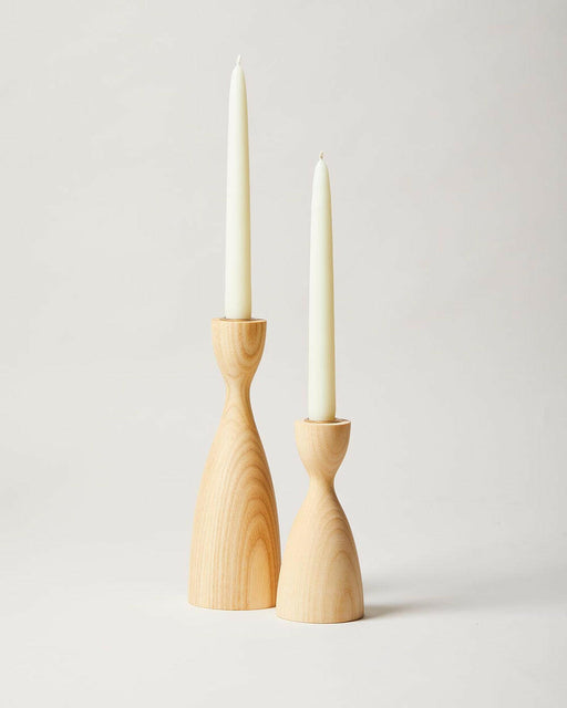 Farmhouse Pottery Pantry Candlesticks - Medium - Natural, featuring handcrafted American ash wood and a brass insert, ideal for elegant table settings.