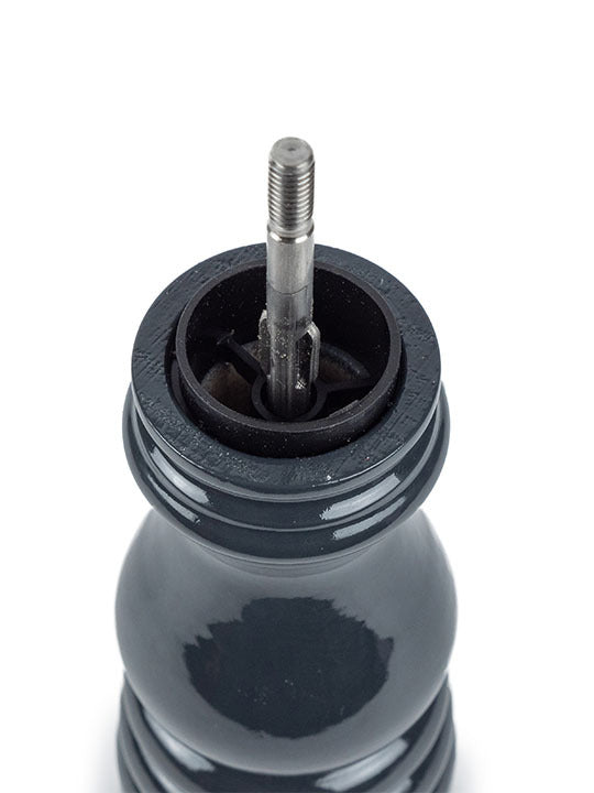 Top-down view of the Peugeot | Paris u'Select Wooden Pepper Mill in Slate Gloss, showcasing its internal grinding mechanism and u'Select adjustment ring for customizable pepper grinding.