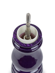 Peugeot Paris u'Select Wooden Pepper Mill, 7 Inches, showing the top view with its central grinding shaft and collar assembly, featuring an elegant aubergine finish.