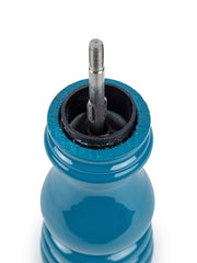 Peugeot | Paris u'Select Pacific Blue Lacquered Pepper Mill, 7 inches, showing the top with exposed metal spindle and plastic grinding mechanism in a blue body.