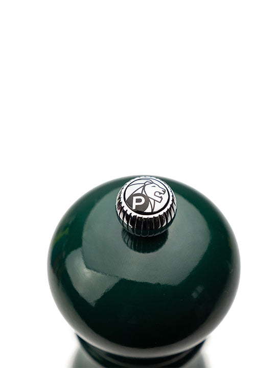 Peugeot | Paris U'Select Forest Green Pepper Mill, 7 inches, showcasing its metal adjustment knob with a P and lion logo, ideal for precise grinding.