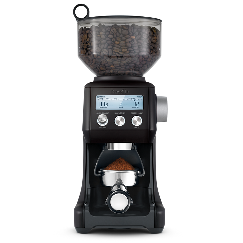 Breville | Smart Grinder Pro, Black Truffle: Electric burr-style coffee grinder with 60 settings, clear bean hopper, digital controls for grind size, dose, and time.