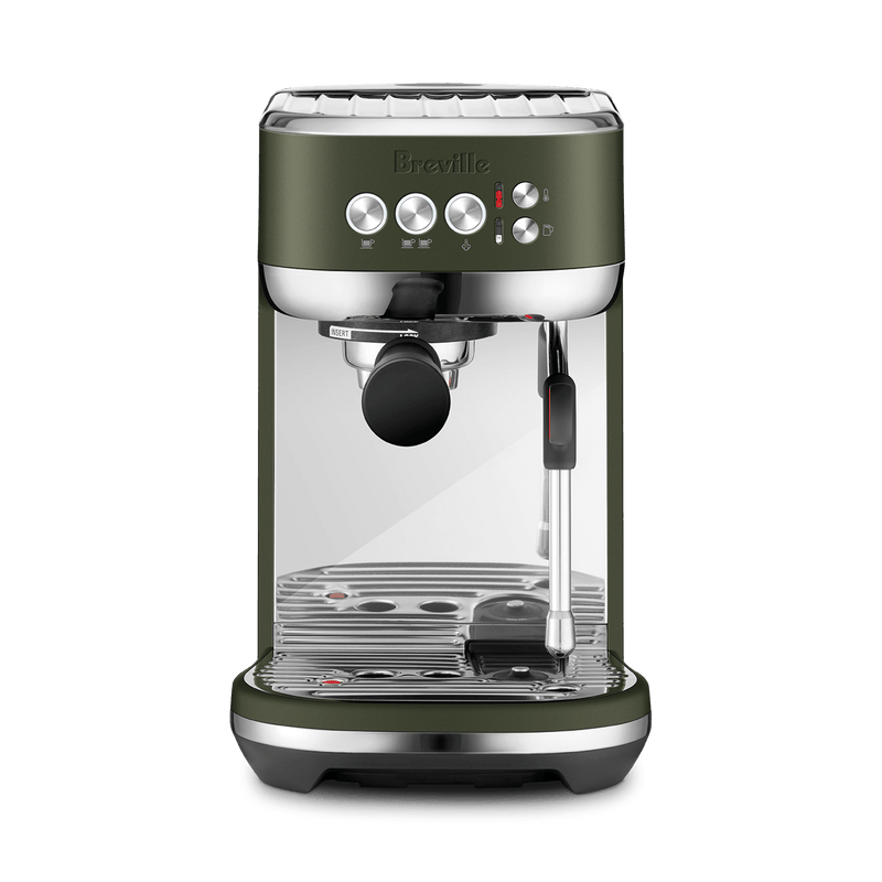 Breville | Bambino Plus espresso machine with portafilter, steam wand, and control knobs. Ideal for precise brewing and frothing, perfect for home baristas.