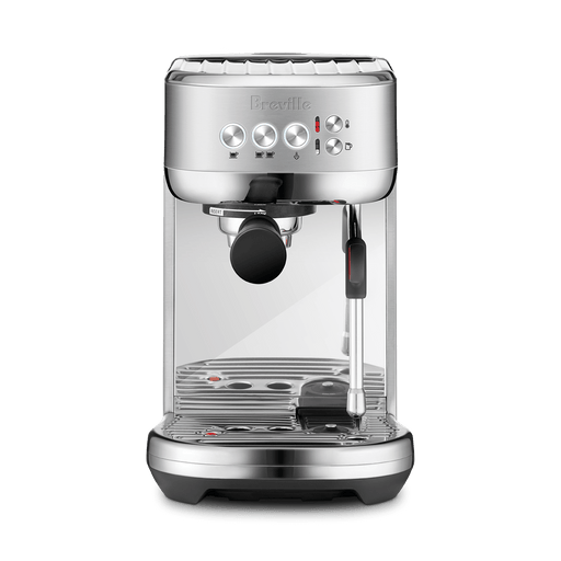 Breville | Bambino Plus, Brushed Stainless Steel: Semi-automatic espresso machine with portafilter, control knobs, steam wand, and drip tray, ideal for home coffee brewing.
