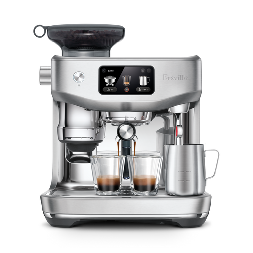 Breville | The Oracle Jet espresso machine with integrated grinder, digital drink selection, dual espresso ports, and milk frothing pitcher, ideal for café-quality brews.
