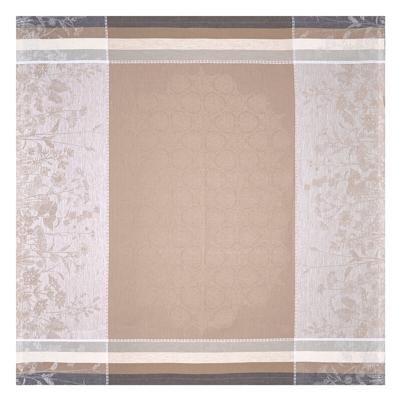 Le Jacquard Francais Bucolique Tablecloth, Beige: Woven with a subtle damask and botanical motif, perfect for adding a countryside charm to your table setting.