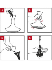 Diagram of a hand pouring liquid into a vase, symbolizing Peugeot's Bilbo Cleaning Beads for Decanter, found at Athens Cooks, specializing in kitchen and barware essentials.