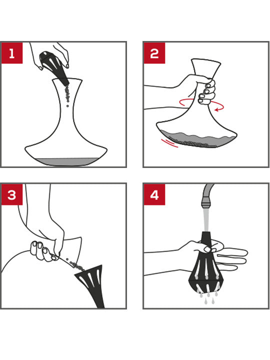 Peugeot Bilbo Cleaning Beads for Decanter: A four-step guide on cleaning decanters using metal beads and a silicone rinse tool, perfect for removing wine residue.