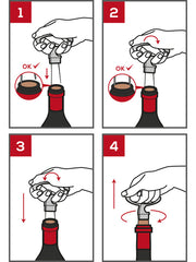 Diagram illustrating the use of Peugeot | Mathus Two-Prong Cork Puller, Basalte Grey, detailing steps to safely extract brittle corks from wine bottles.