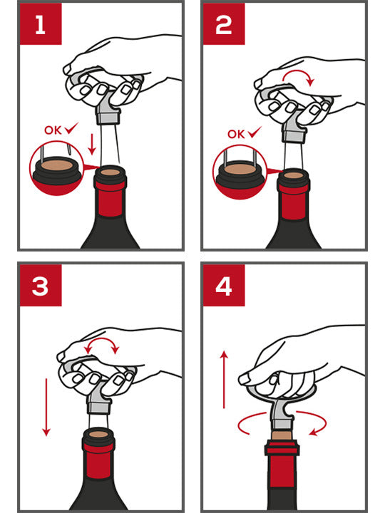 Diagram illustrating the use of Peugeot | Mathus Two-Prong Cork Puller, Basalte Grey, detailing steps to safely extract brittle corks from wine bottles.