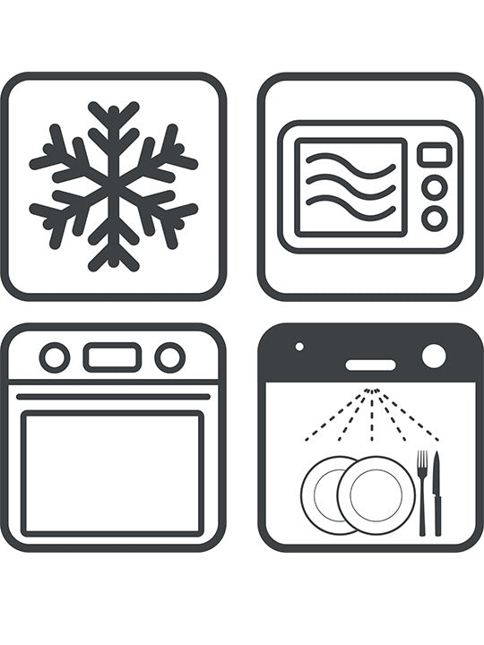 Peugeot | Appolia Rectangular Baking Dish: Set of icons indicating it's freezer, microwave, oven, and dishwasher safe, highlighting versatility for Athens Cooks' kitchen enthusiasts.