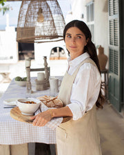 MagicLinen Pinafore Cross-Back Linen Apron, size S-M, features criss-cross straps and side pockets, ideal for cooking or gardening, available at Athens Cooks.