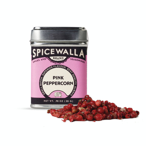 Spicewalla | Pink Peppercorns tin with scattered berries, highlighting their sweet and fruity taste, ideal for sauces, desserts, and unique rubs.