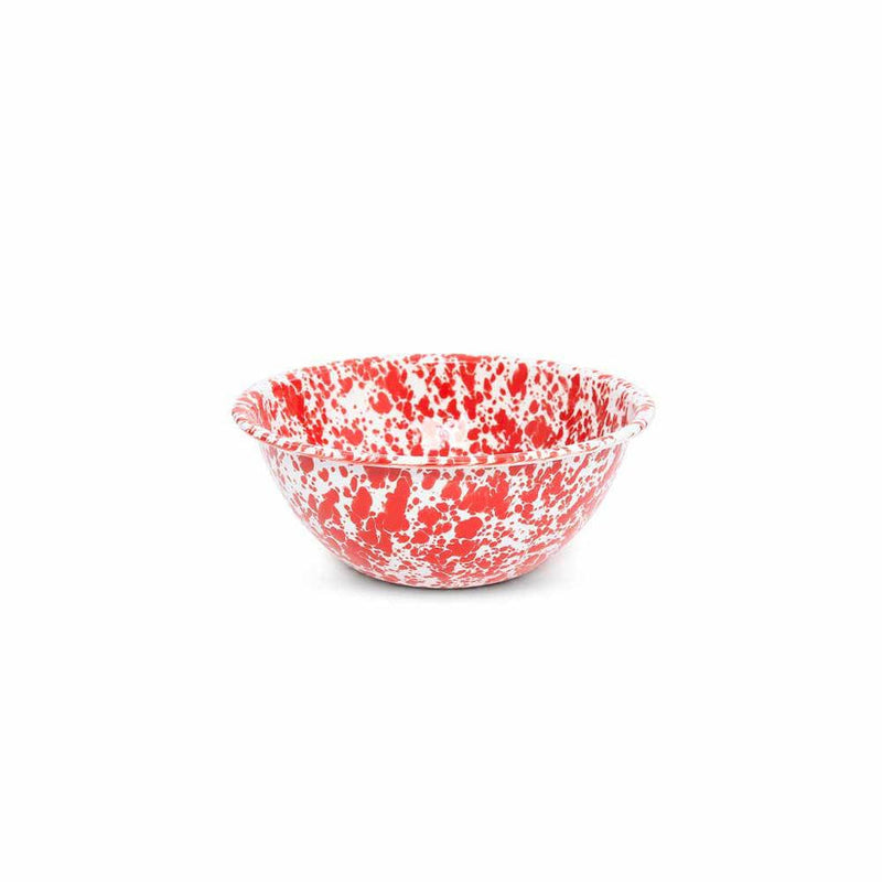 Crow Canyon Home Splatter Enamelware Small Serving Bowl in red and white, ideal for versatile use in cooking or serving, embodying durability and elegance.