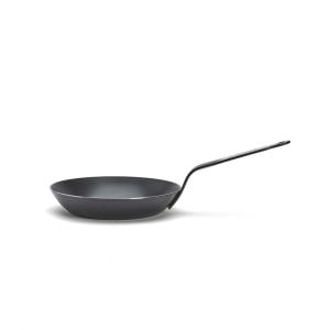De Buyer Blue Carbon Steel Fry Pan with long handle, ideal for high-heat cooking, showcased for its durable design and versatility on any stovetop.