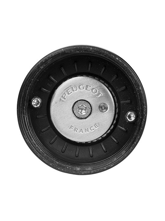Peugeot | Presto Coffee Mill, 8 inches, featuring an adjustable grind mechanism for various coffee preparations, with a metal bearing marked Peugeot France in a black housing.