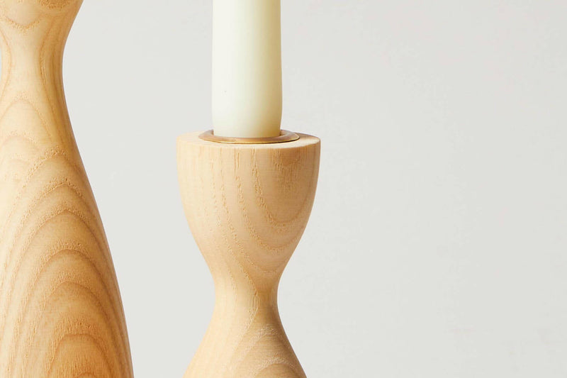 Farmhouse Pottery Pantry Candlesticks - Medium - Natural, crafted from American ash wood with brass inserts, add elegance and modernity to any table setting.