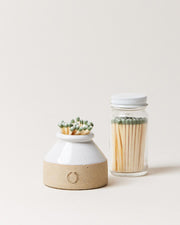 Farmhouse Pottery | Milk Bottle Match Striker in ceramic holder with matches and glass jar, perfect for rustic home use. Handcrafted, functional kitchen accessory from Athens Cooks.