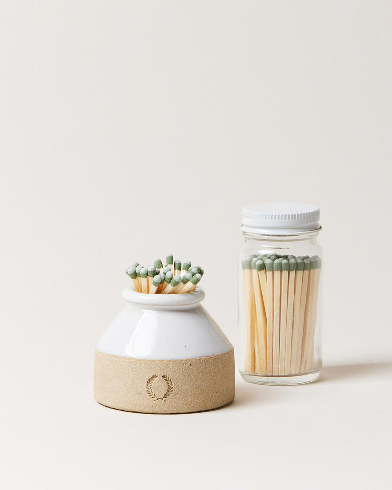 Farmhouse Pottery | Milk Bottle Match Striker in ceramic holder with matches and glass jar, perfect for rustic home use. Handcrafted, functional kitchen accessory from Athens Cooks.