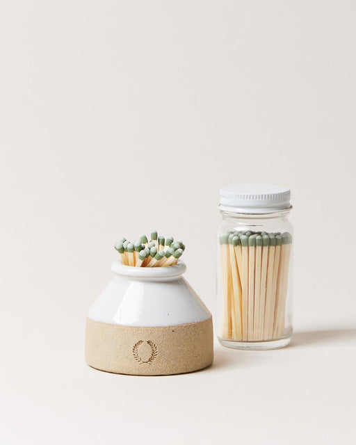 Farmhouse Pottery | Milk Bottle Match Striker in ceramic holder with matches and glass jar, perfect for rustic home use. Handcrafted, functional kitchen accessory from Athens Cooks.
