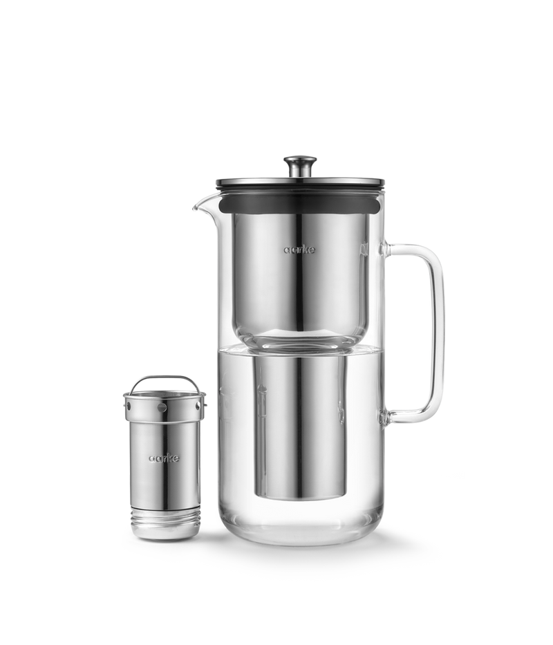 Aarke | Purifier Pure Water Filter Pitcher, featuring a glass and stainless steel design with a silver lid, perfect for enhancing tap water quality.