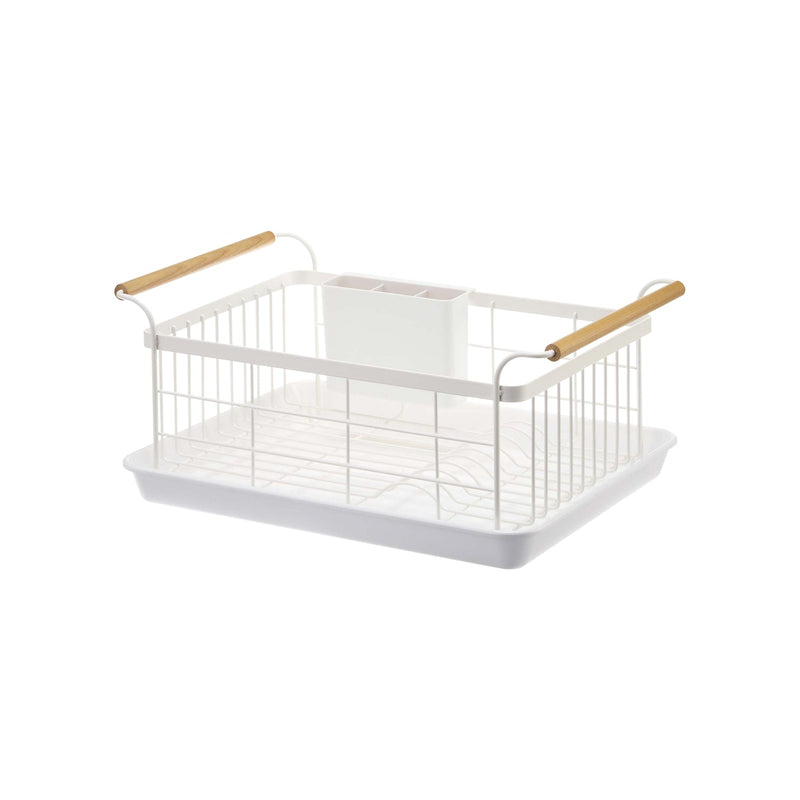 Yamazaki Home | Steel + Wood Dish Rack with Drainer Spout featuring a sleek wire frame, wooden handles, and detachable utensil holder on a drip tray.