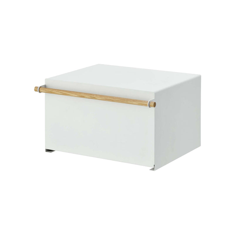 Yamazaki Home | Simple Steel Bread Box, White + Wood, features a modern metal design with a wooden handle, ideal for organizing and keeping bread fresh.