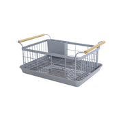 Yamazaki Home | Steel + Wood Dish Rack with Drainer Spout featuring a grey metal frame, wooden handles, utensil caddy, and removable drip tray, blending elegance and function.