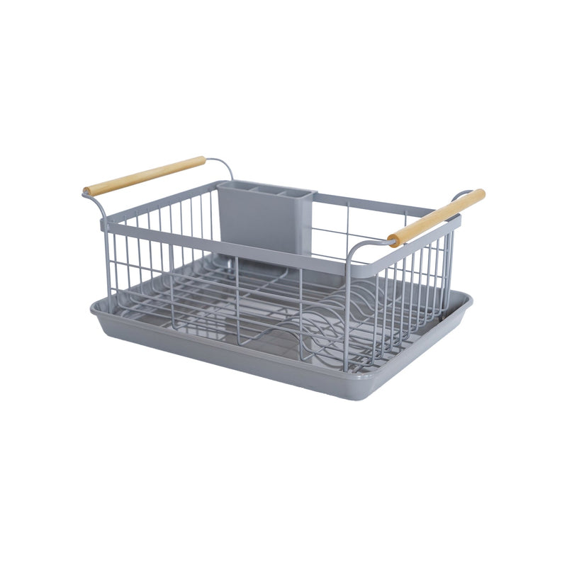 Yamazaki Home | Steel + Wood Dish Rack with Drainer Spout featuring a grey metal frame, wooden handles, utensil caddy, and removable drip tray, blending elegance and function.