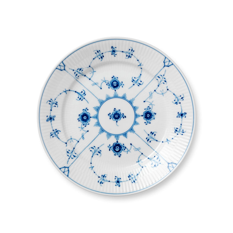 Royal Copenhagen | Blue Fluted Plain Plate, 22cm: A round white porcelain plate with hand-painted blue floral motifs, perfect for elegant dining or serving at Athens Cooks.