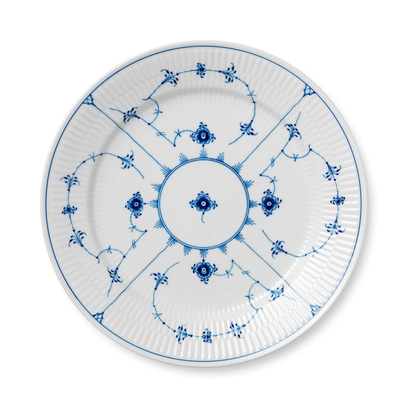 Royal Copenhagen | Blue Fluted Plain Plate, 27cm features a fluted rim and symmetrical blue floral motifs, showcasing timeless elegance and craftsmanship.