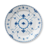 Royal Copenhagen | Blue Fluted Hl Plate, 27cm: A top-down view of a white porcelain plate with cobalt-blue floral motifs and scalloped, ribbed rim, showcasing exquisite craftsmanship.