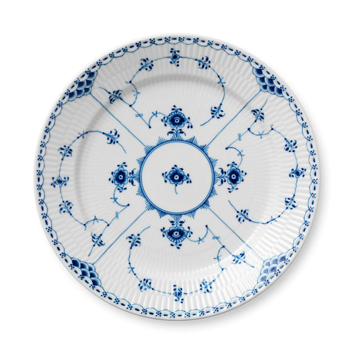 Royal Copenhagen | Blue Fluted Hl Plate, 27cm: A top-down view of a white porcelain plate with cobalt-blue floral motifs and scalloped, ribbed rim, showcasing exquisite craftsmanship.