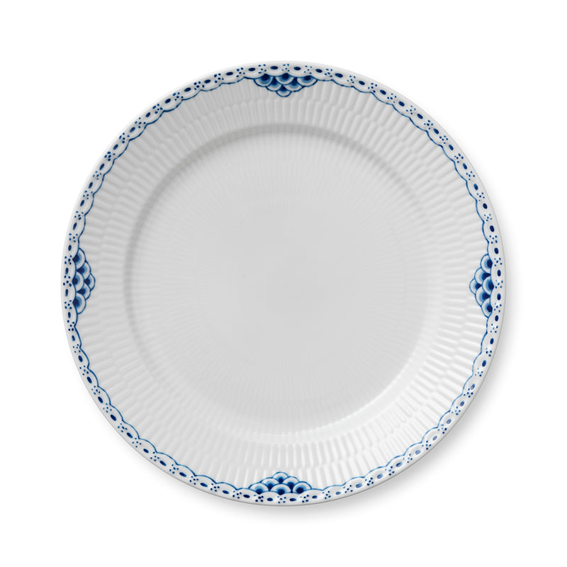 Royal Copenhagen | Princess Plate, 27cm: A white, fluted ceramic dinner plate with hand-painted blue scallop-and-dot rim, ideal for elegant dining or serving.