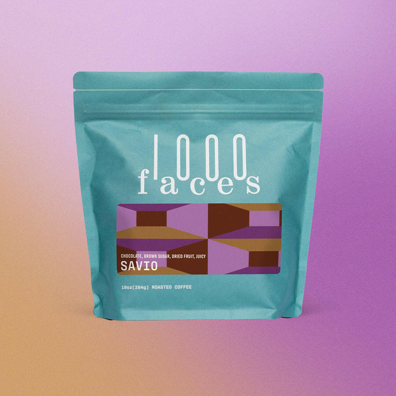 1000 Faces Coffee - Winter Solstice bag with white text, showcasing a specialty coffee blend dedicated to sustainable and mindful coffee consumption.